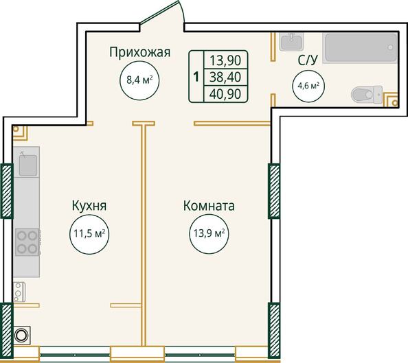 Планировка 1-комн 40,9 м²