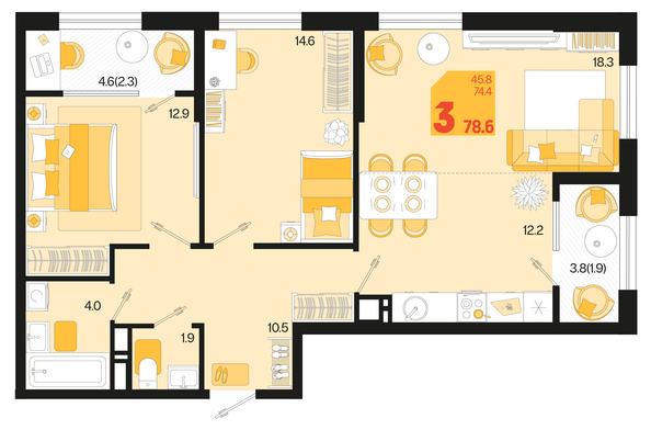Планировка 3-комн 78,6 м²
