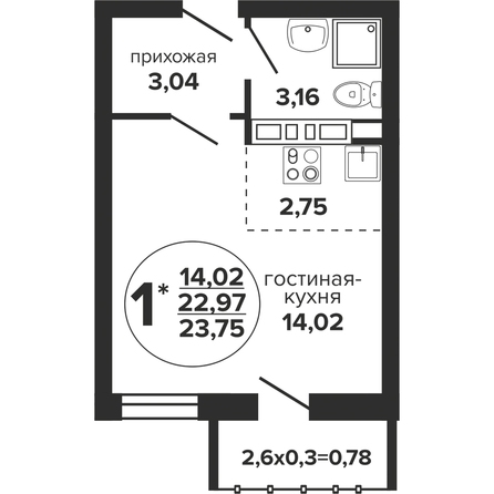 Планировка Студия 23,75 м²