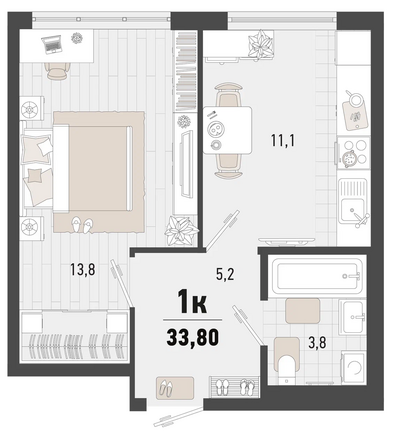 Планировка 1-комн 33,8 м²