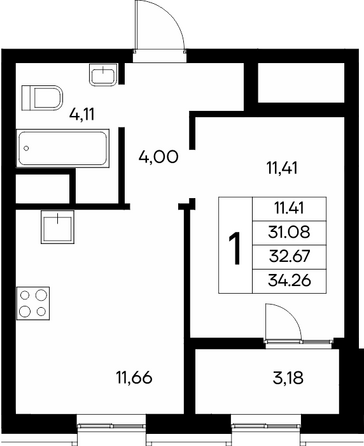 Планировка 1-комн 34,26 - 35,36 м²