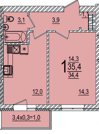 Планировка 1-комн 35,4 м²