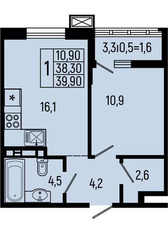 Планировка 1-комн 39,9, 40,4 м²