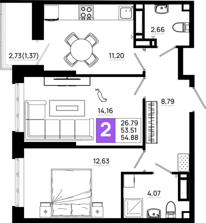 Планировка 2-комн 54,88 м²