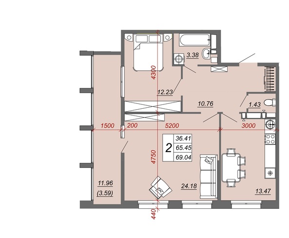 Планировка 2-комн 61,35 м²