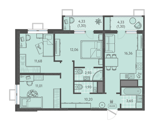 Планировка 3-комн 72,42 м²