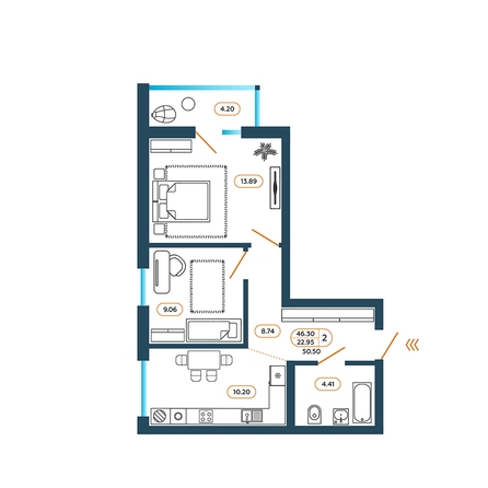 Планировка 2-комн 50,5 м²