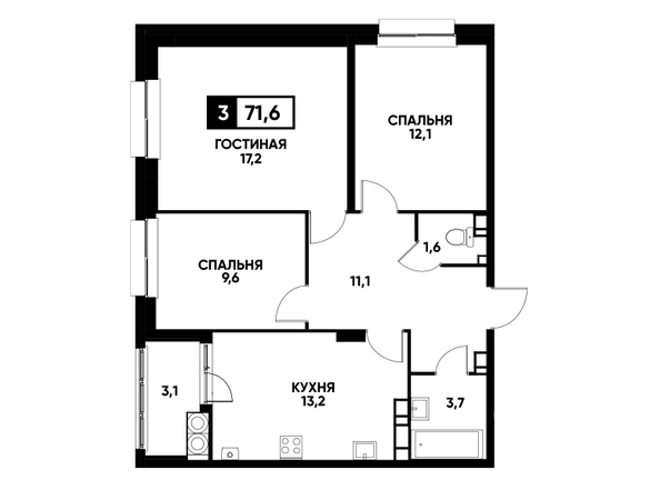 Планировка 3-комн 71,6 м²
