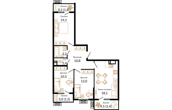 Планировка 3-комн 74,6, 74,7 м²