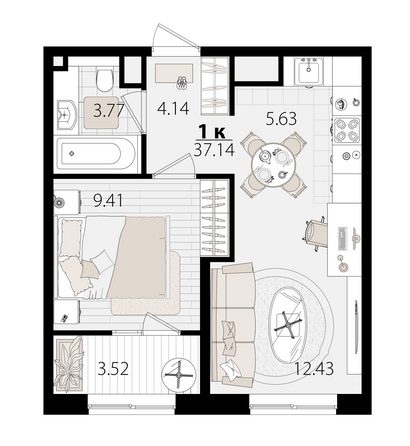 Планировка 1-комн 36,87 м²