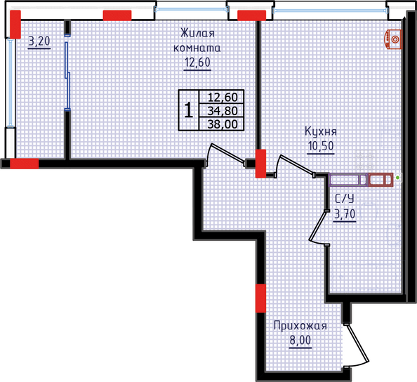 Планировка 1-комн 38 м²