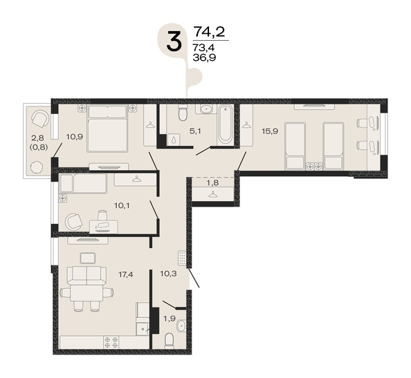 Планировка 3-комн 74,2 м²