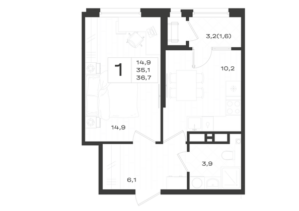 Планировка 1-комн 36,7 м²