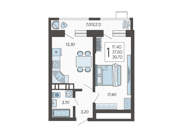 Планировка 1-комн 39,7 м²