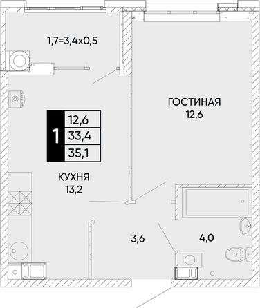 Планировка 1-комн 35,1 м²