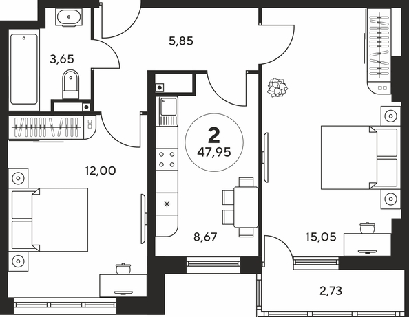 Планировка 2-комн 47,81, 48,02 м²