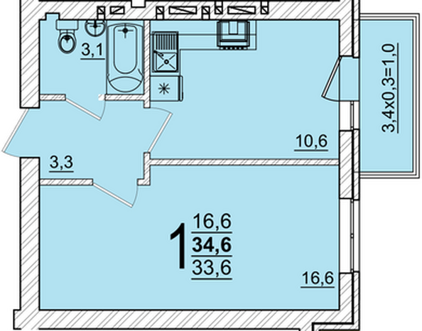Планировка 1-комн 34,6 м²