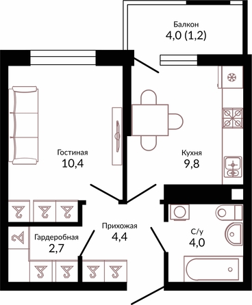Планировка 1-комн 34,1 м²