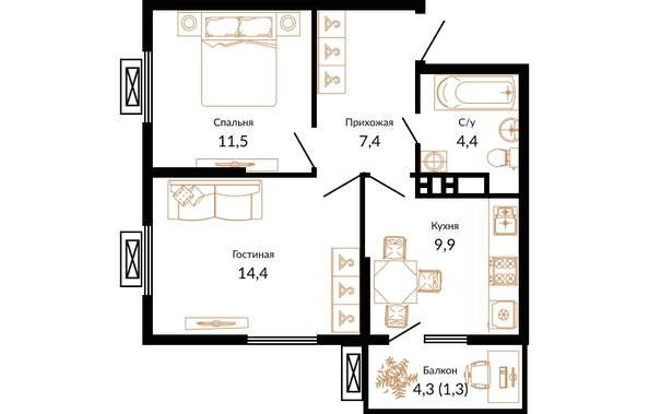 Планировка 2-комн 48,9 м²