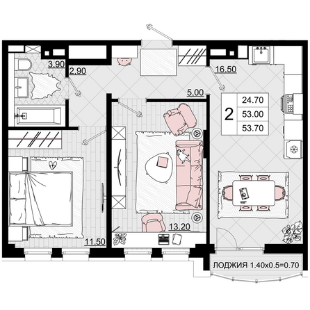Планировка 2-комн 53,7 м²