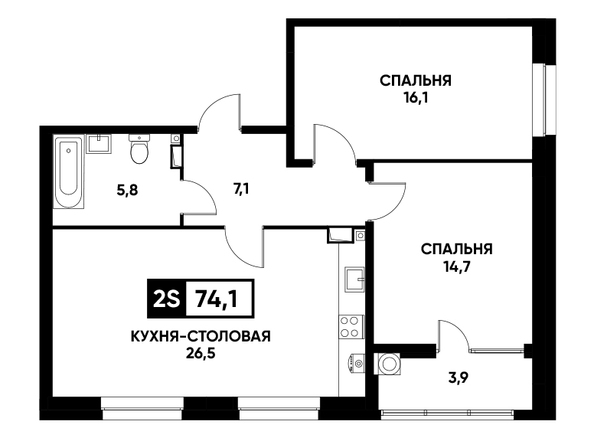 Планировка 1-комн 74,1 м²