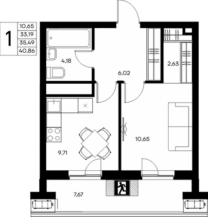 Планировка 1-комн 40,86 м²