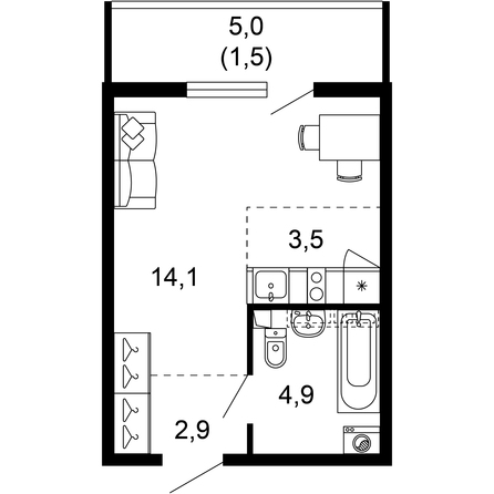 Планировка 1-комн 26,9 м²