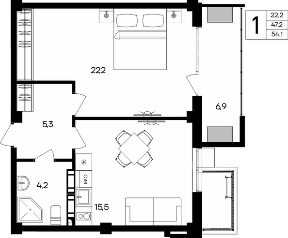 Планировка Апартамент 54,1 м²