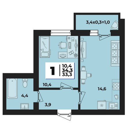 Планировка 1-комн 34,3 м²