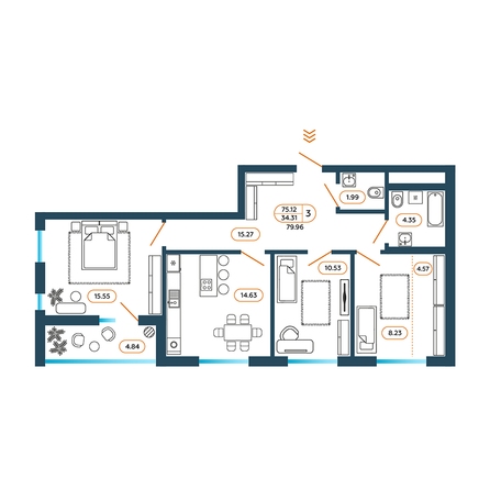 Планировка 3-комн 79,96 м²