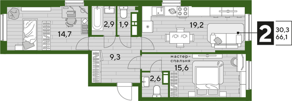 Планировка 2-комн 66,1 м²