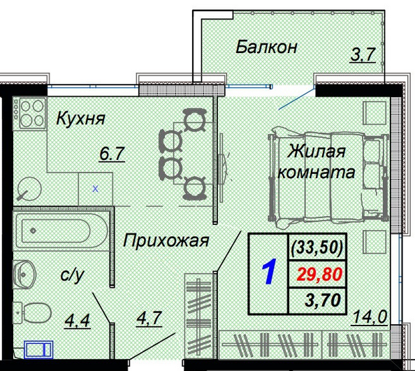 Планировка 1-комн 33,5 м²