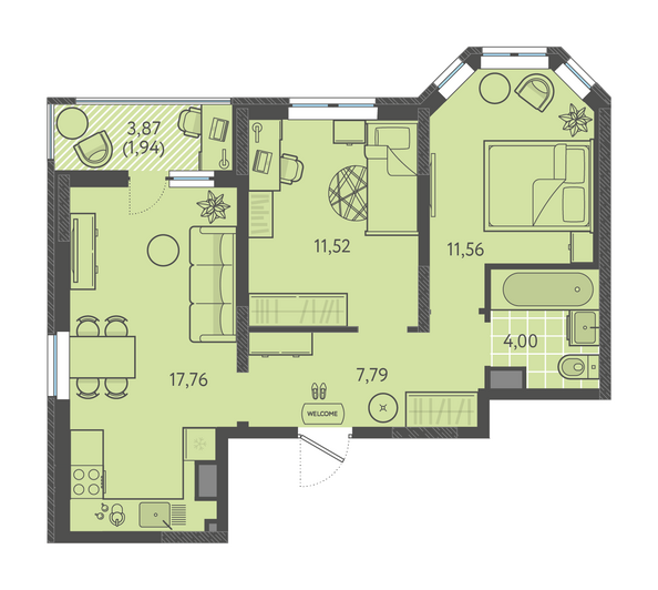 Планировка 2-комн 54,57 м²