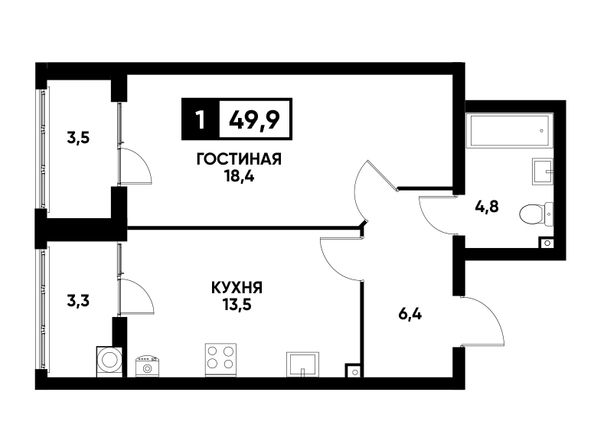 Планировка 1-комн 49,9 м²