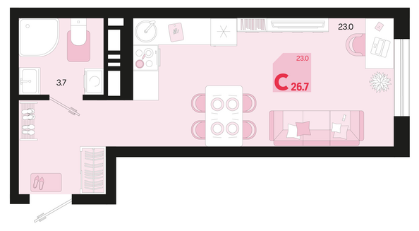 Планировка 1-комн 26,7 м²