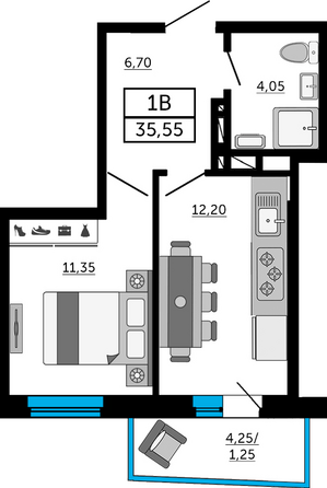 Планировка 1-комн 35,4, 35,55 м²