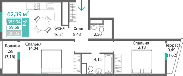 Планировка 2-комн 59,68 - 61,57 м²