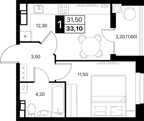 Планировка 1-комн 33,1, 33,5 м²