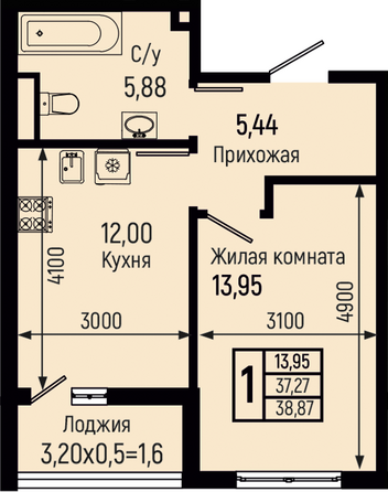 Планировка 1-комн 38,87 м²