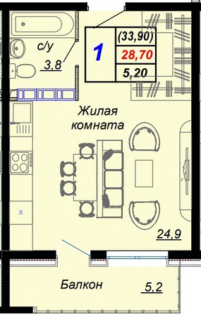 Планировка 1-комн 33,9 м²