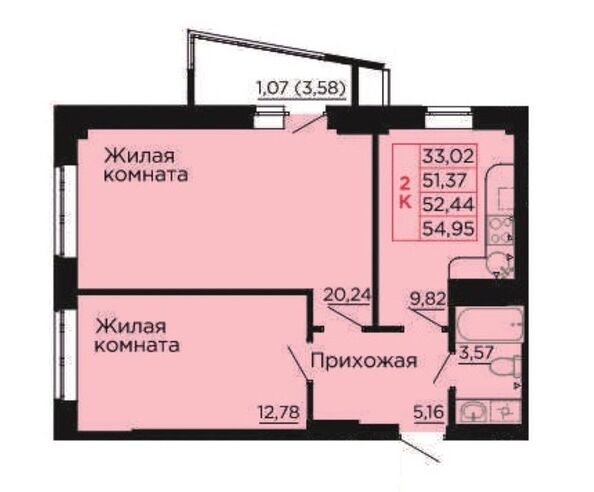 Планировка 2-комн 52,44 м²