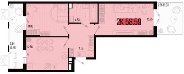 Планировка 2-комн 58,59 м²