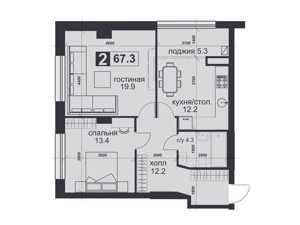 Планировка 2-комн 67,3 м²