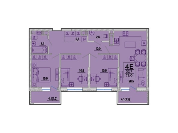 Планировка 4-комн 75 м²