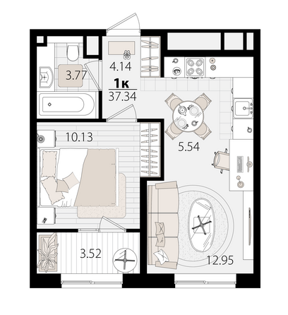 Планировка 1-комн 37,07 м²