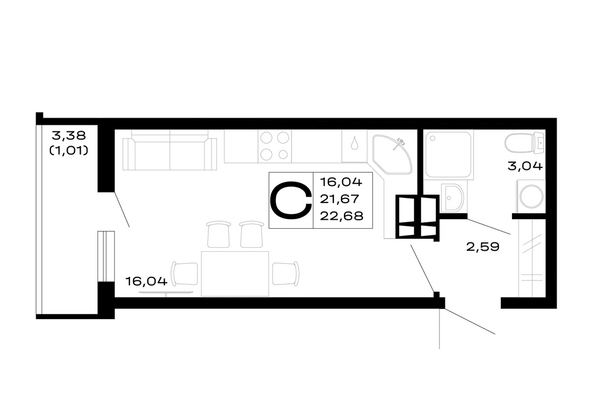 Планировка 1-комн 22,68 м²