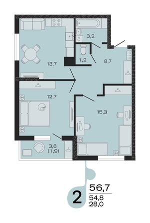 Планировка 2-комн 56,7 м²