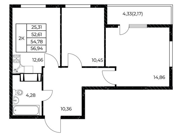 Планировка 2-комн 56,94 м²