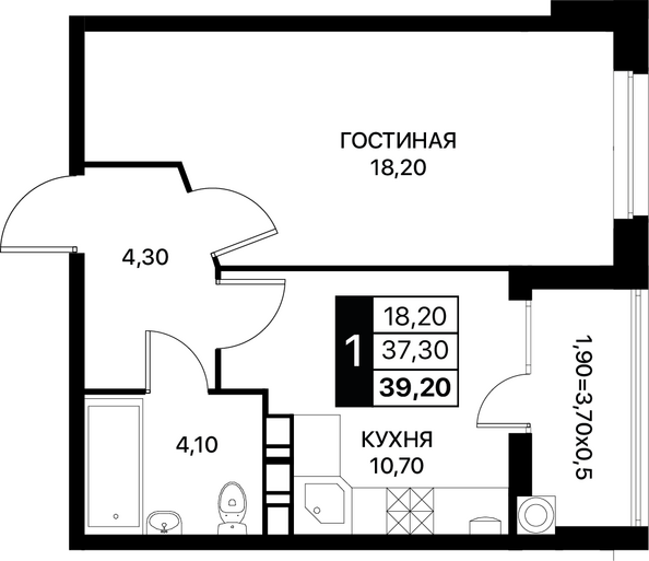 Планировка 1-комн 39,2, 39,6 м²