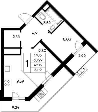 Планировка 1-комн 51,19 м²